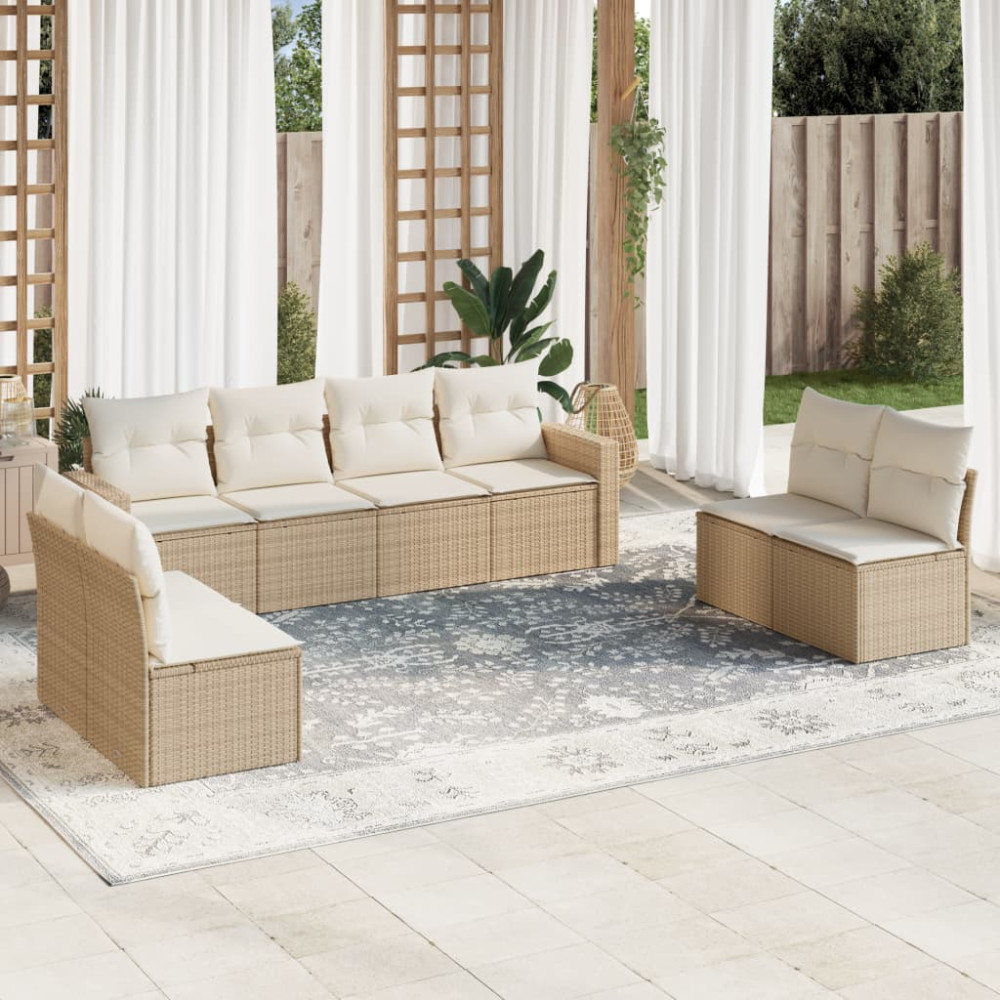 Produktbild för Matgrupp för trädgården med dynor 8 delar beige konstrotting