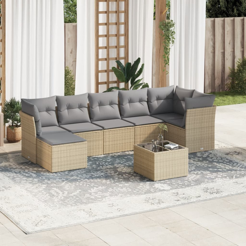 Produktbild för Matgrupp för trädgården med dynor 8 delar beige konstrotting