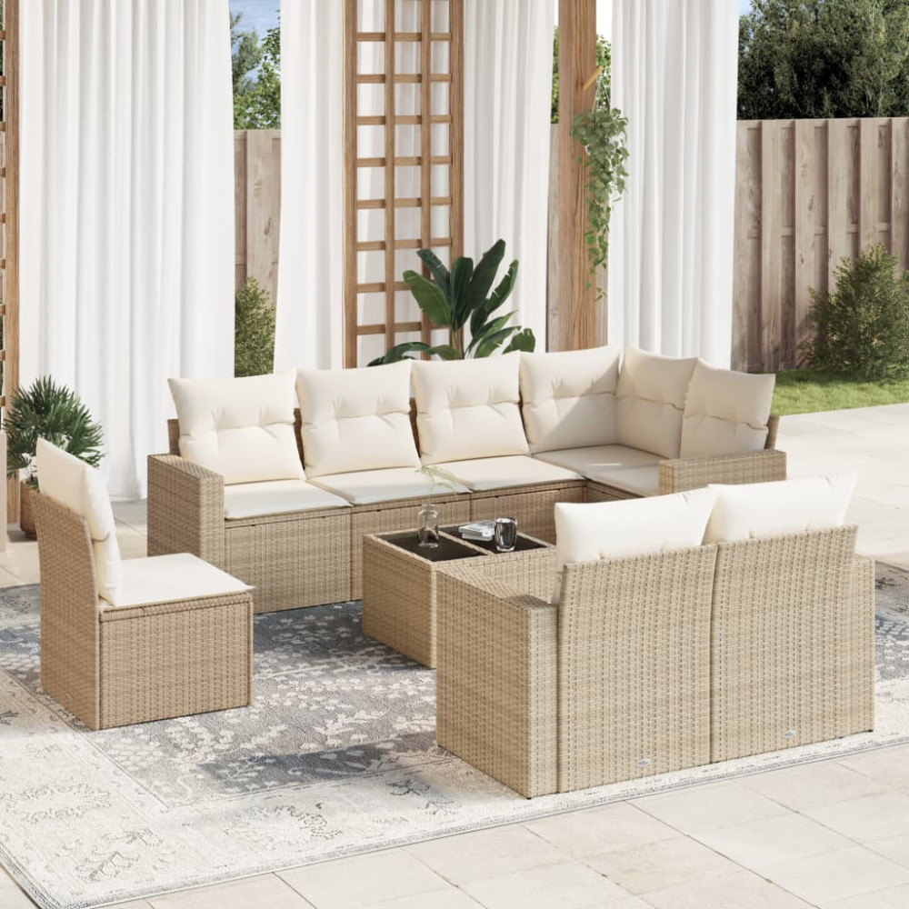 Produktbild för Soffgrupp för trädgården med dynor 9 delar beige konstrotting