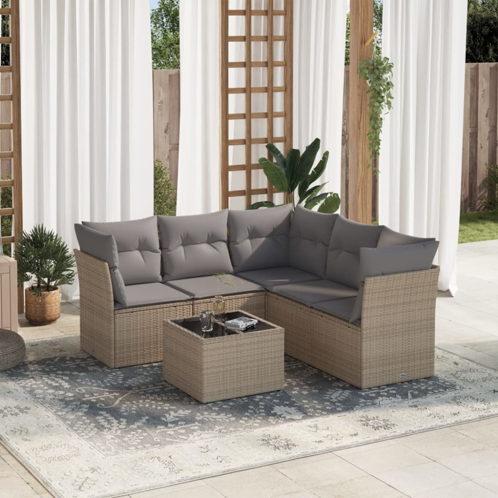 Produktbild för Soffgrupp för trädgården med dynor 6 delar beige konstrotting