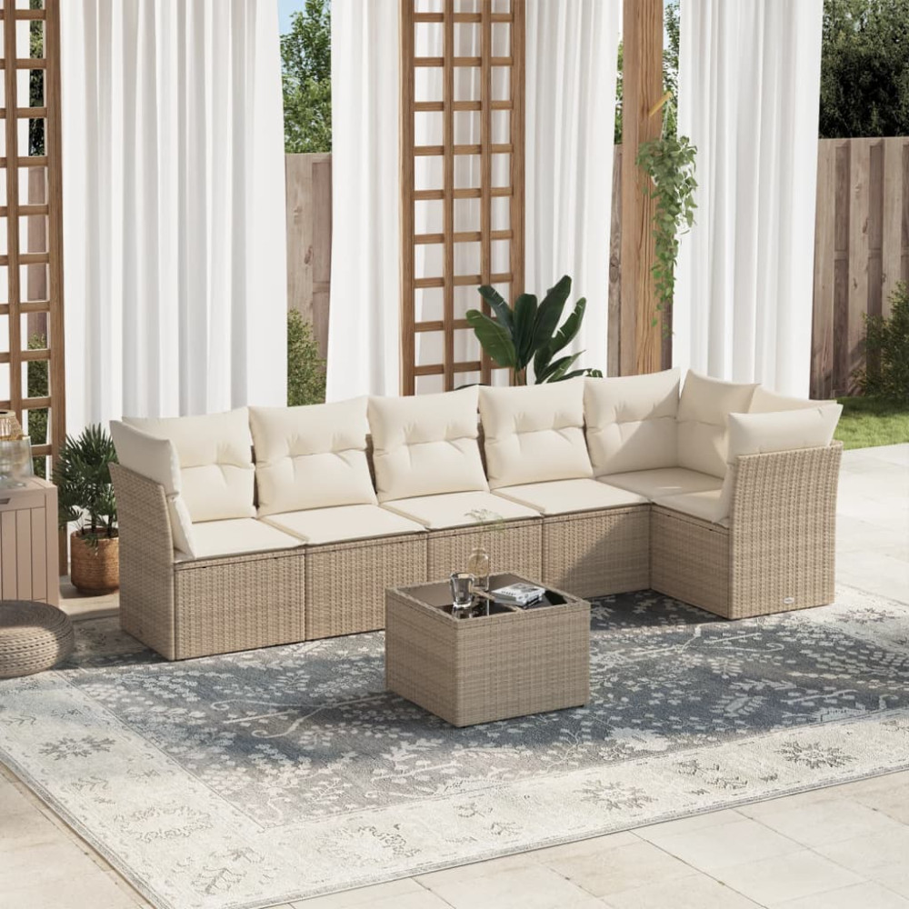 Produktbild för Matgrupp för trädgården med dynor 7 delar beige konstrotting