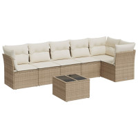 Produktbild för Matgrupp för trädgården med dynor 7 delar beige konstrotting