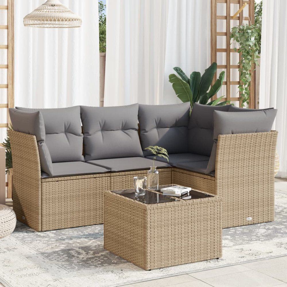 Produktbild för Soffgrupp för trädgården med dynor 5 delar beige konstrotting