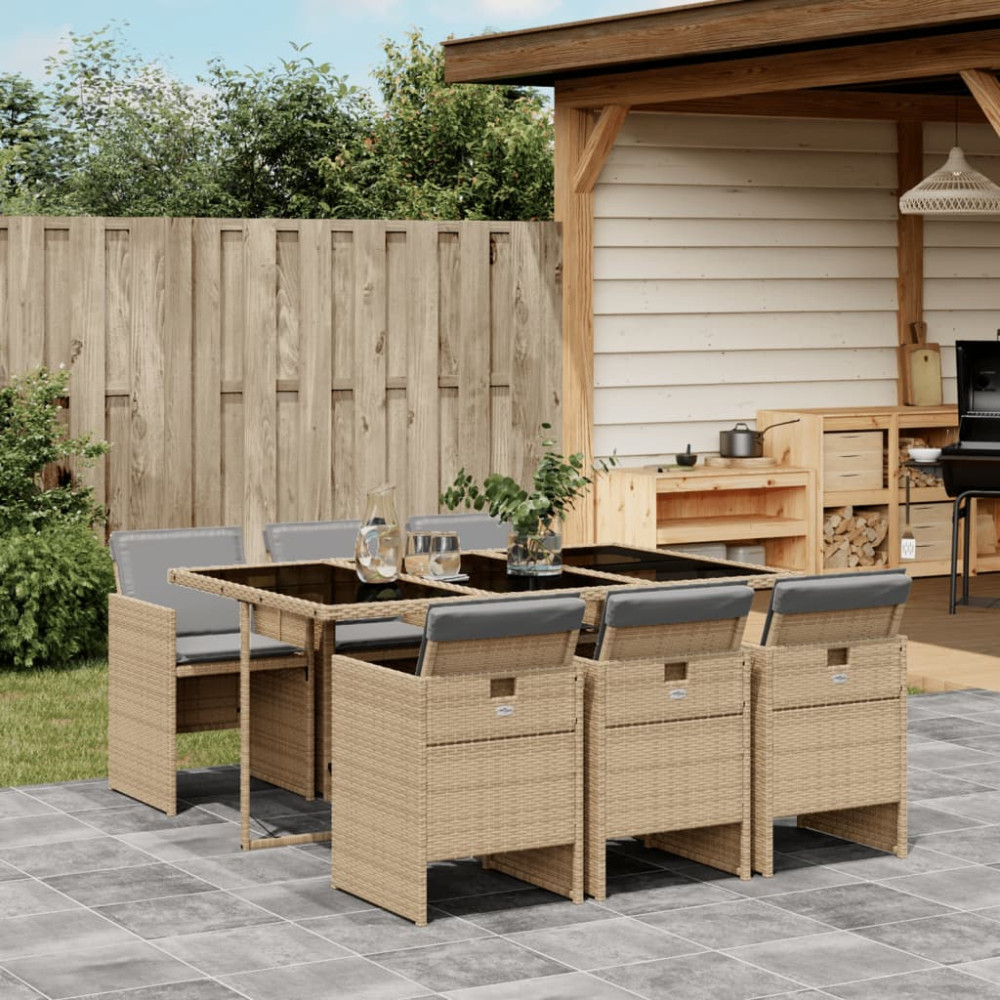 Produktbild för Matgrupp för trädgården med dynor 7 delar mixbeige konstrotting