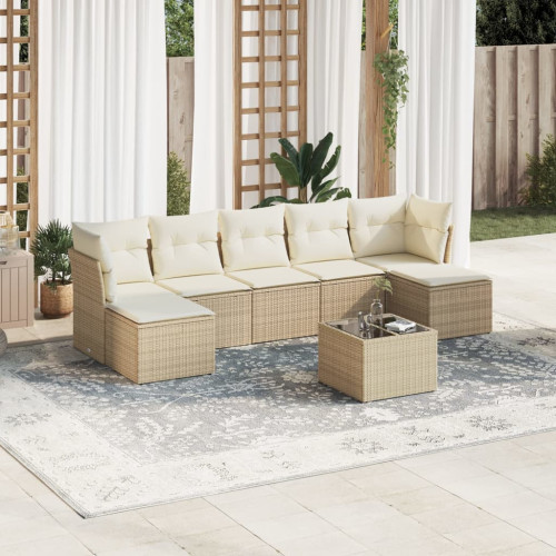 vidaXL Matgrupp för trädgården med dynor 8 delar beige konstrotting