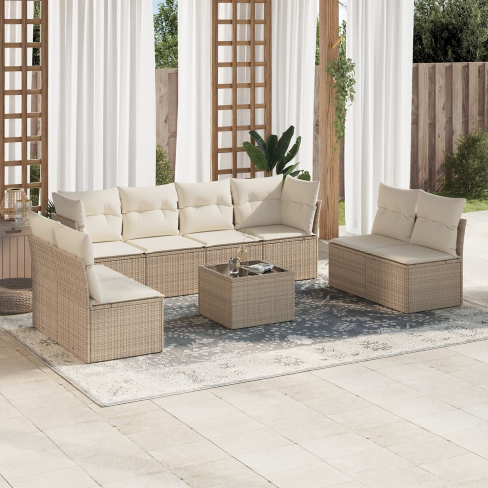 Produktbild för Soffgrupp för trädgården med dynor 9 delar beige konstrotting