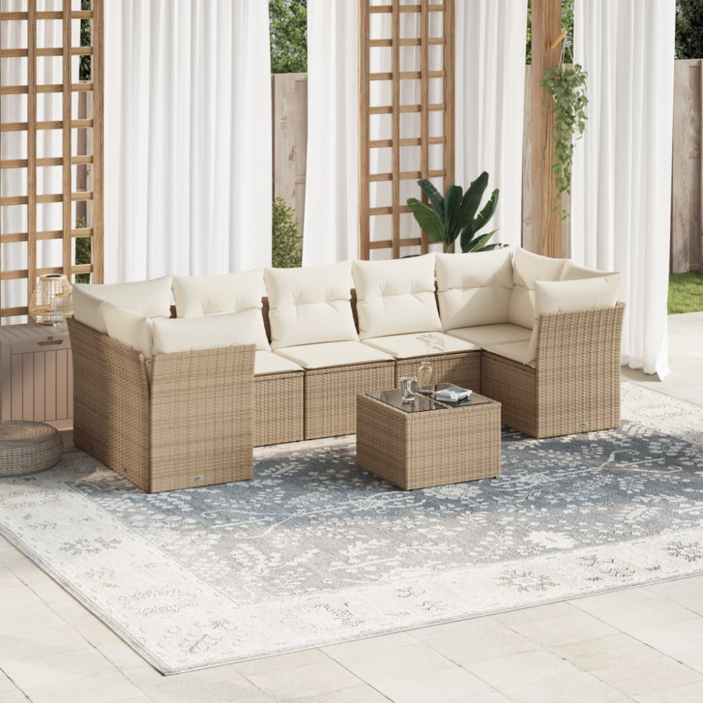 Produktbild för Matgrupp för trädgården med dynor 8 delar beige konstrotting