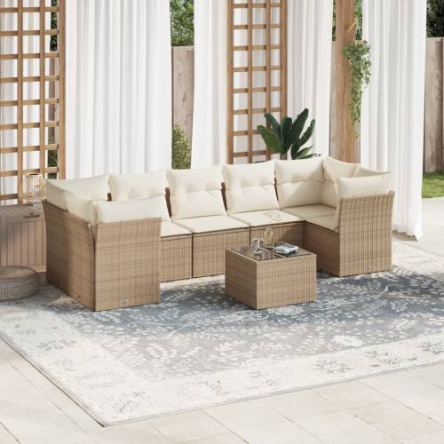 vidaXL Matgrupp för trädgården med dynor 8 delar beige konstrotting