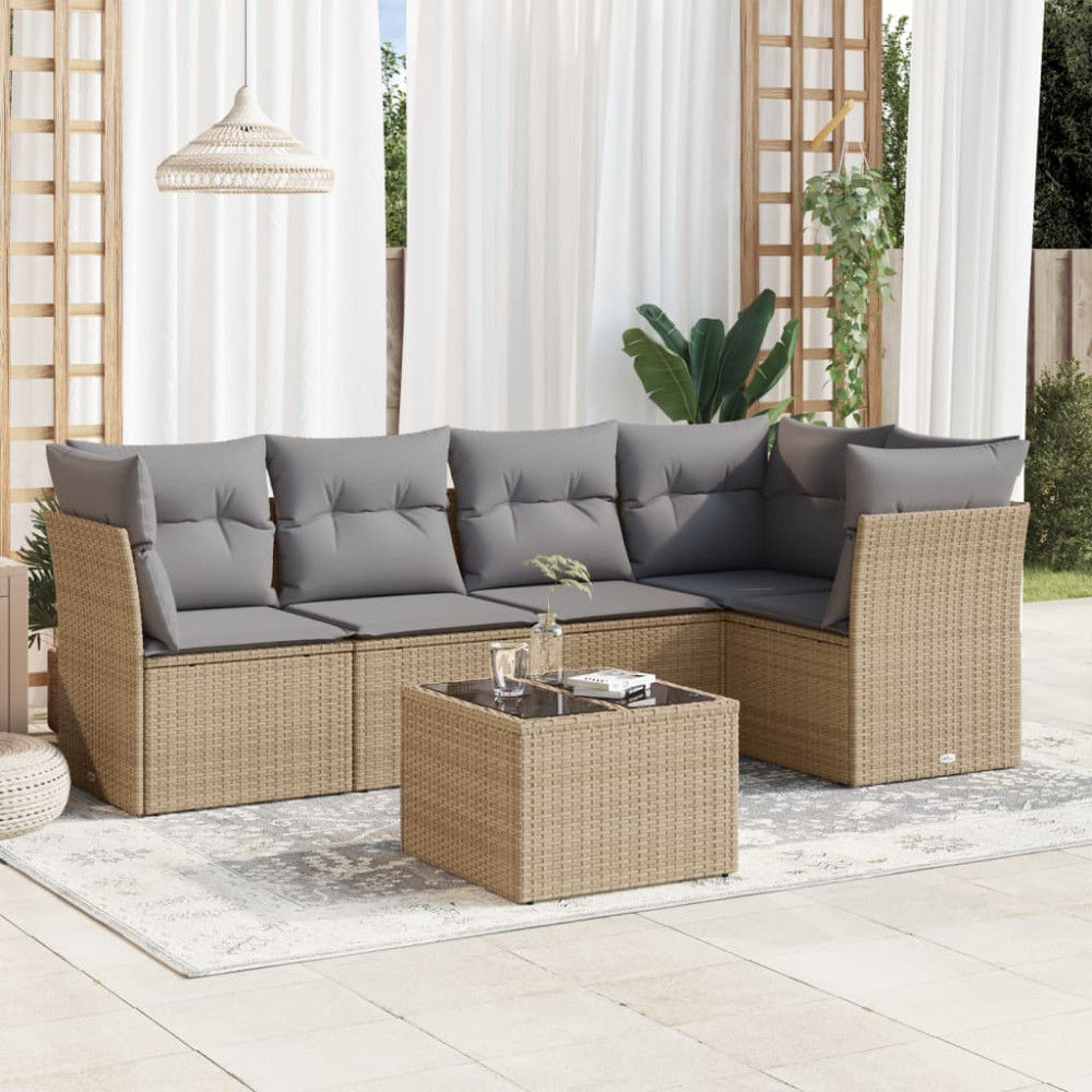 Produktbild för Soffgrupp för trädgården med dynor 6 delar beige konstrotting