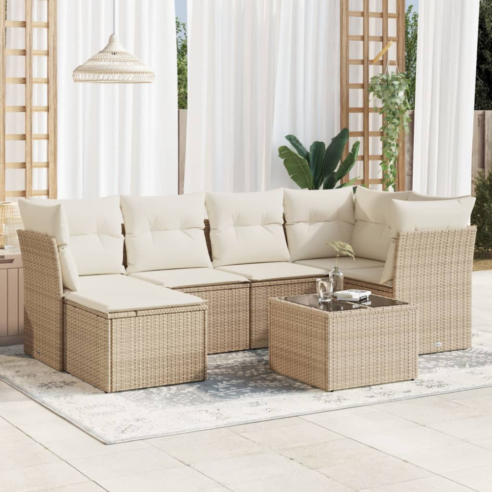 Produktbild för Matgrupp för trädgården med dynor 7 delar beige konstrotting