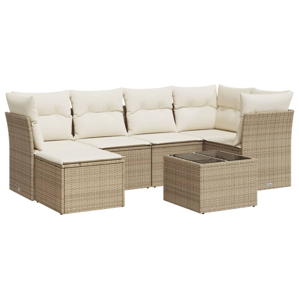 Produktbild för Matgrupp för trädgården med dynor 7 delar beige konstrotting