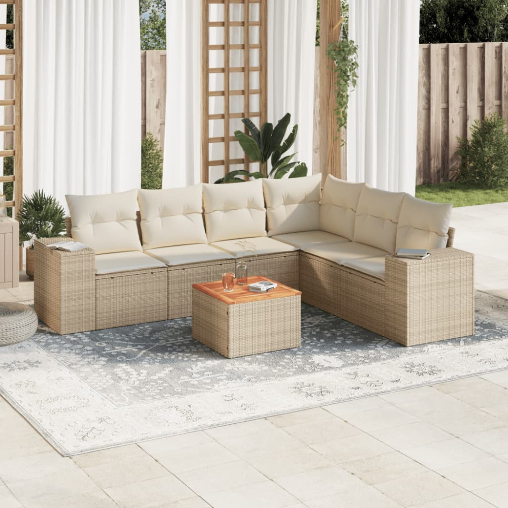 Produktbild för Matgrupp för trädgården med dynor 7 delar beige konstrotting