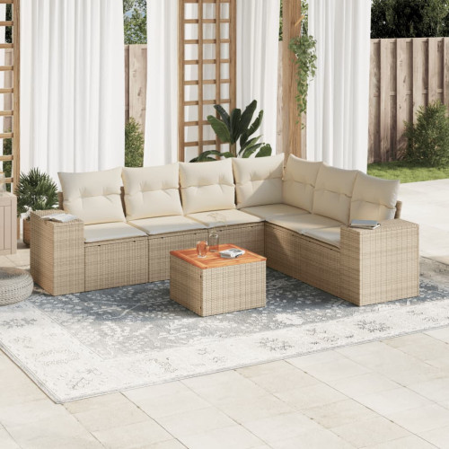 vidaXL Matgrupp för trädgården med dynor 7 delar beige konstrotting