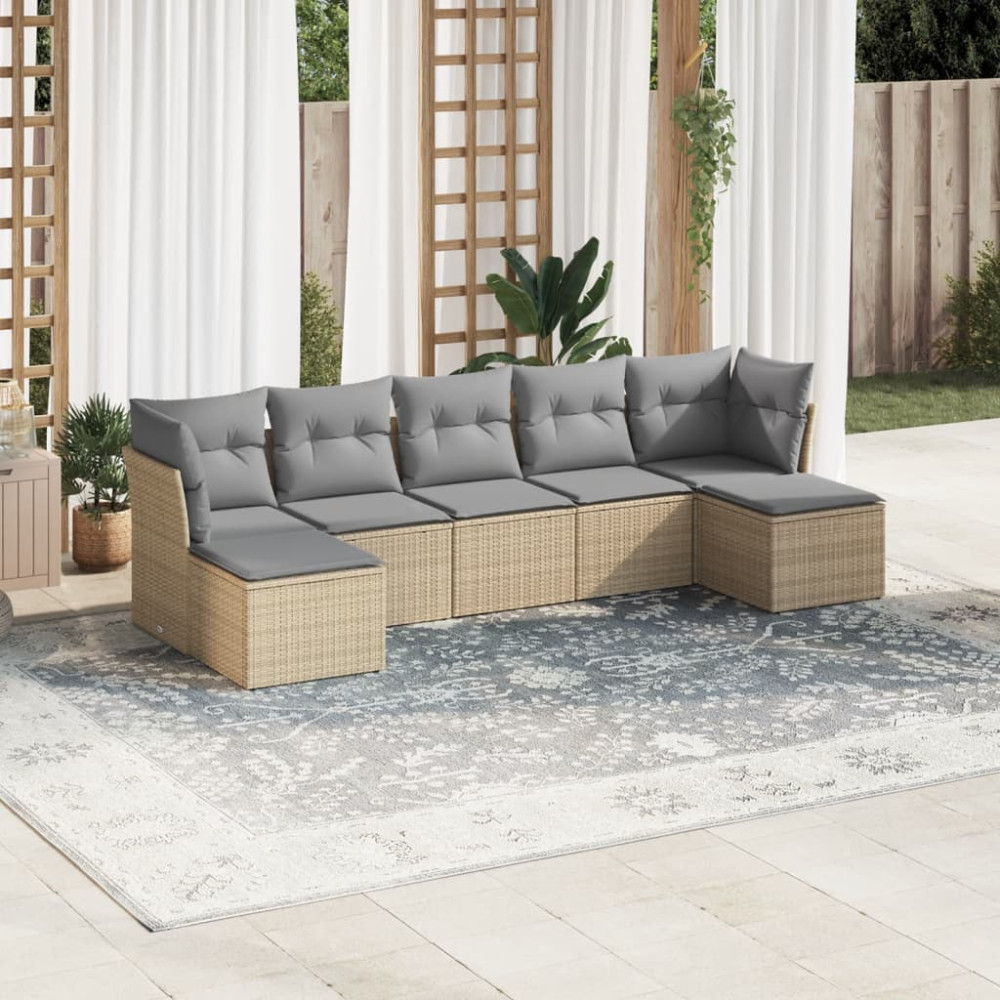 Produktbild för Matgrupp för trädgården med dynor 7 delar beige konstrotting