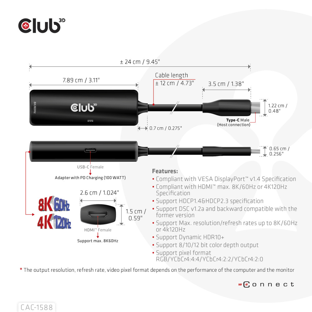 Produktbild för CLUB3D CAC-1588 videokabeladapter 0,17 m USB Type-C HDMI Svart
