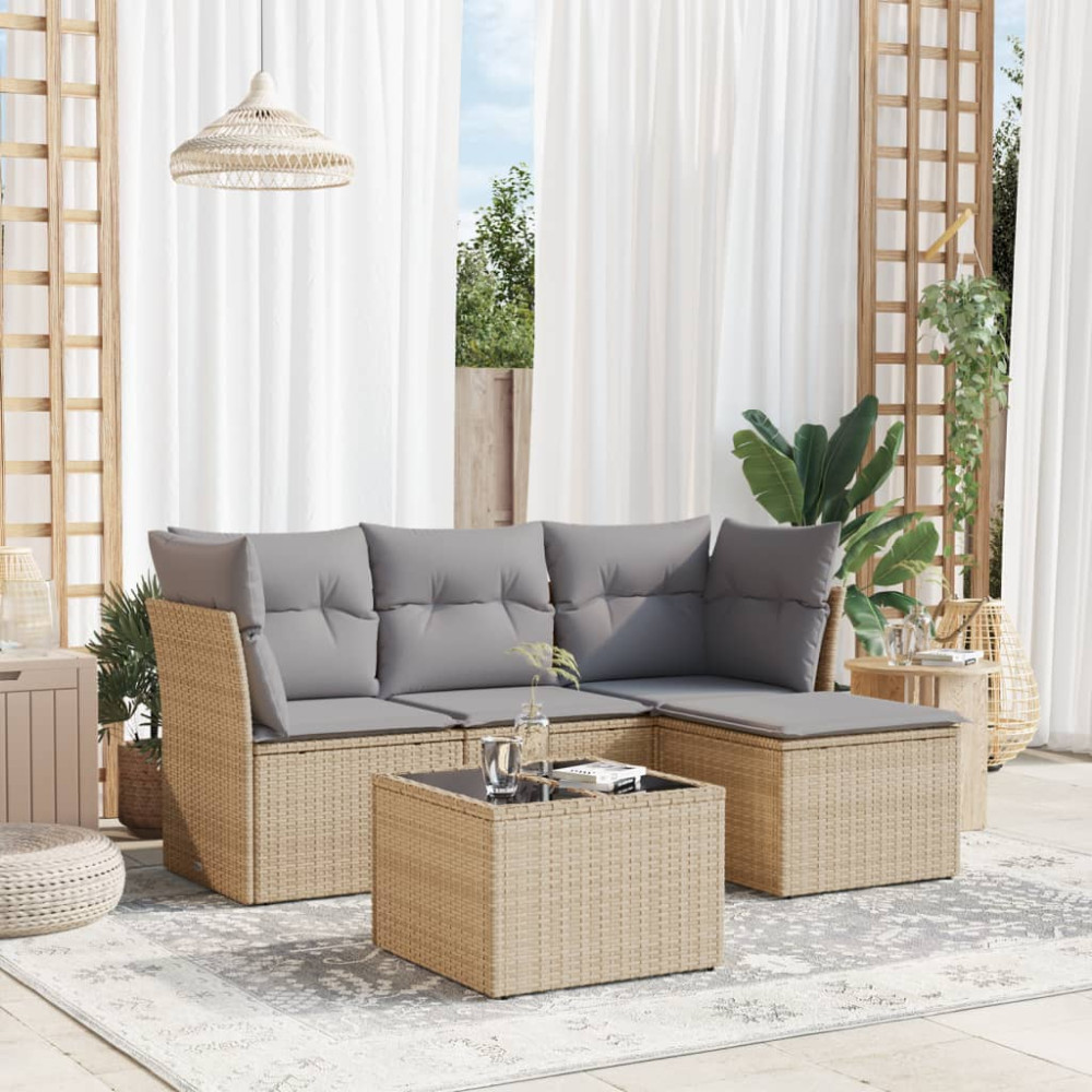 Produktbild för Soffgrupp för trädgården med dynor 5 delar beige konstrotting