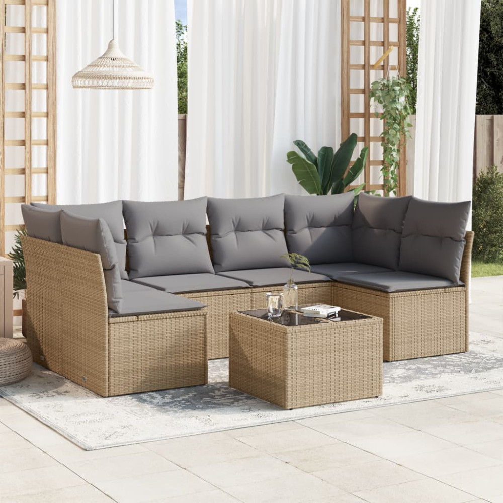Produktbild för Matgrupp för trädgården med dynor 7 delar beige konstrotting
