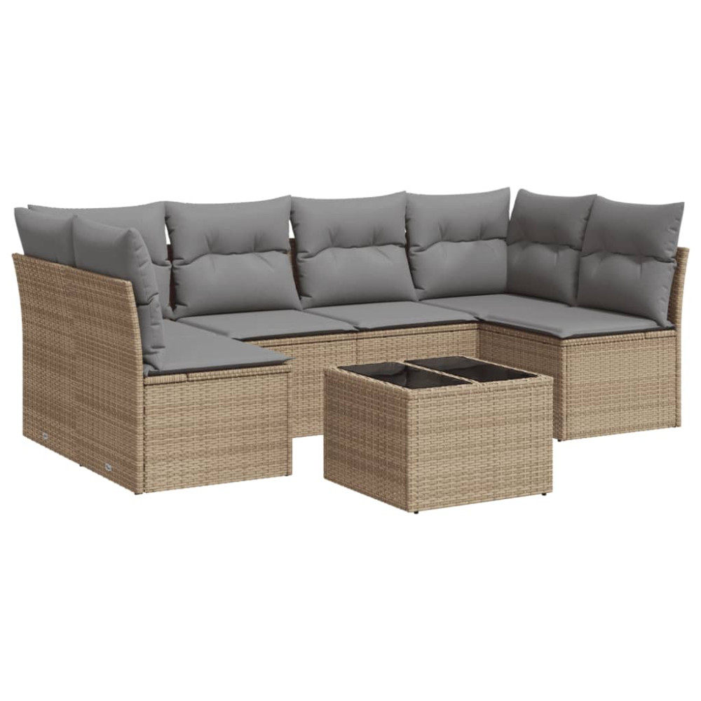Produktbild för Matgrupp för trädgården med dynor 7 delar beige konstrotting