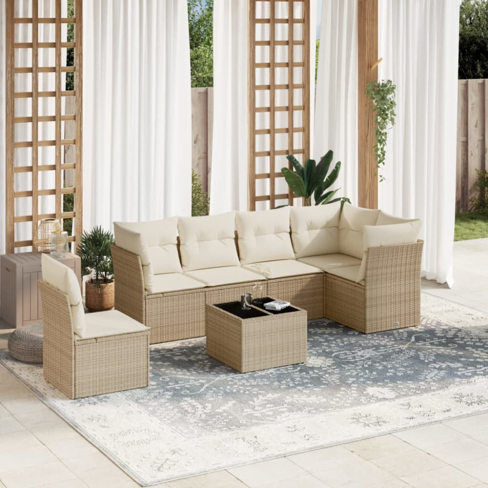 Produktbild för Matgrupp för trädgården med dynor 7 delar beige konstrotting