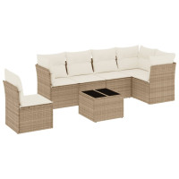 Produktbild för Matgrupp för trädgården med dynor 7 delar beige konstrotting