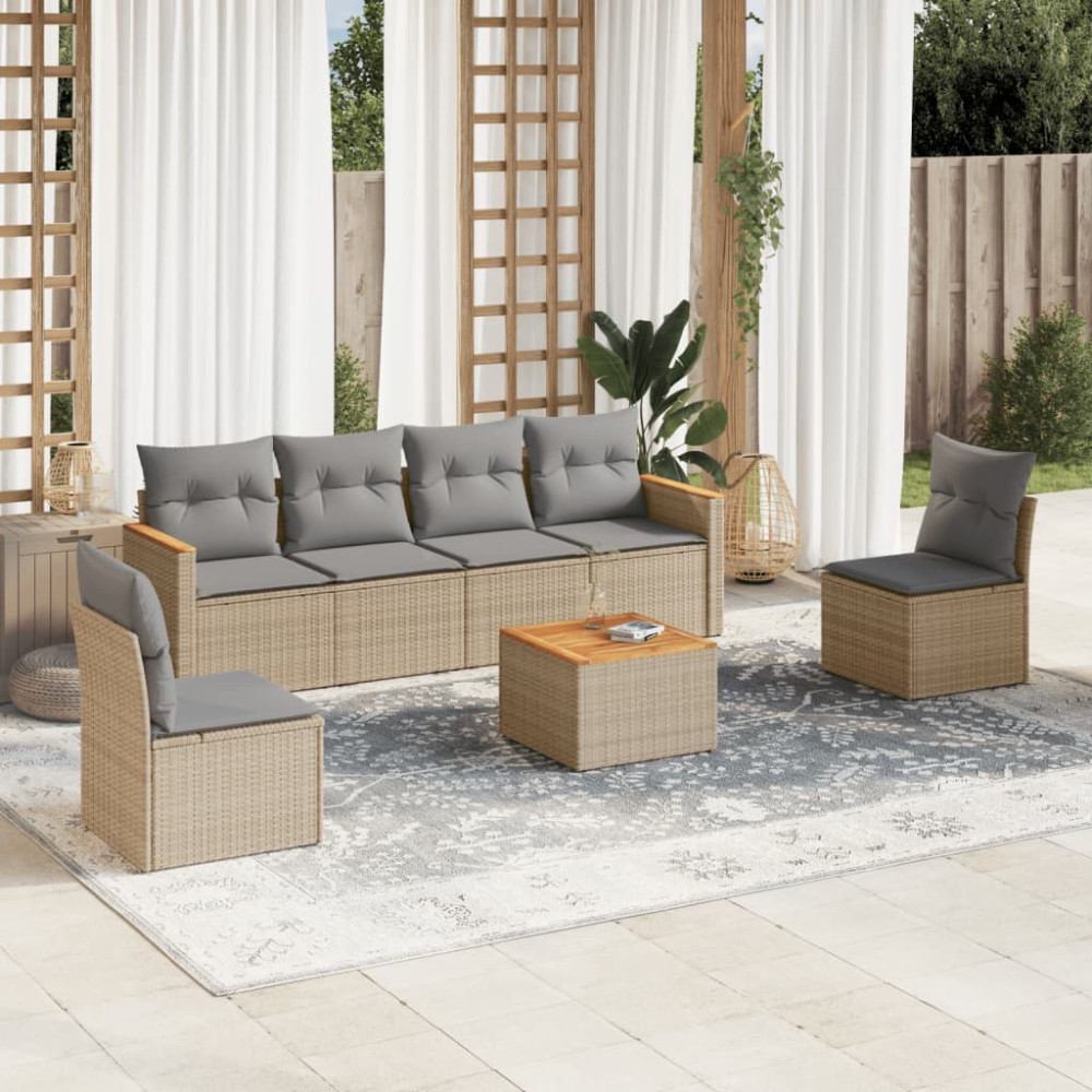 Produktbild för Matgrupp för trädgården med dynor 7 delar beige konstrotting