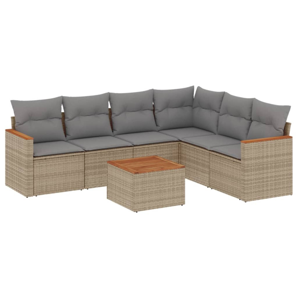 Produktbild för Matgrupp för trädgården med dynor 7 delar beige konstrotting
