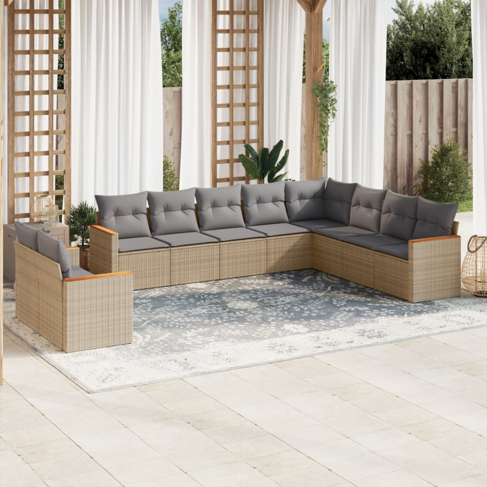 Produktbild för Soffgrupp för trädgård med dynor 10 delar beige konstrotting