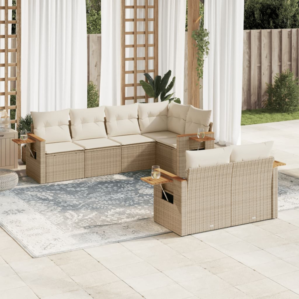 Produktbild för Matgrupp för trädgården med dynor 7 delar beige konstrotting