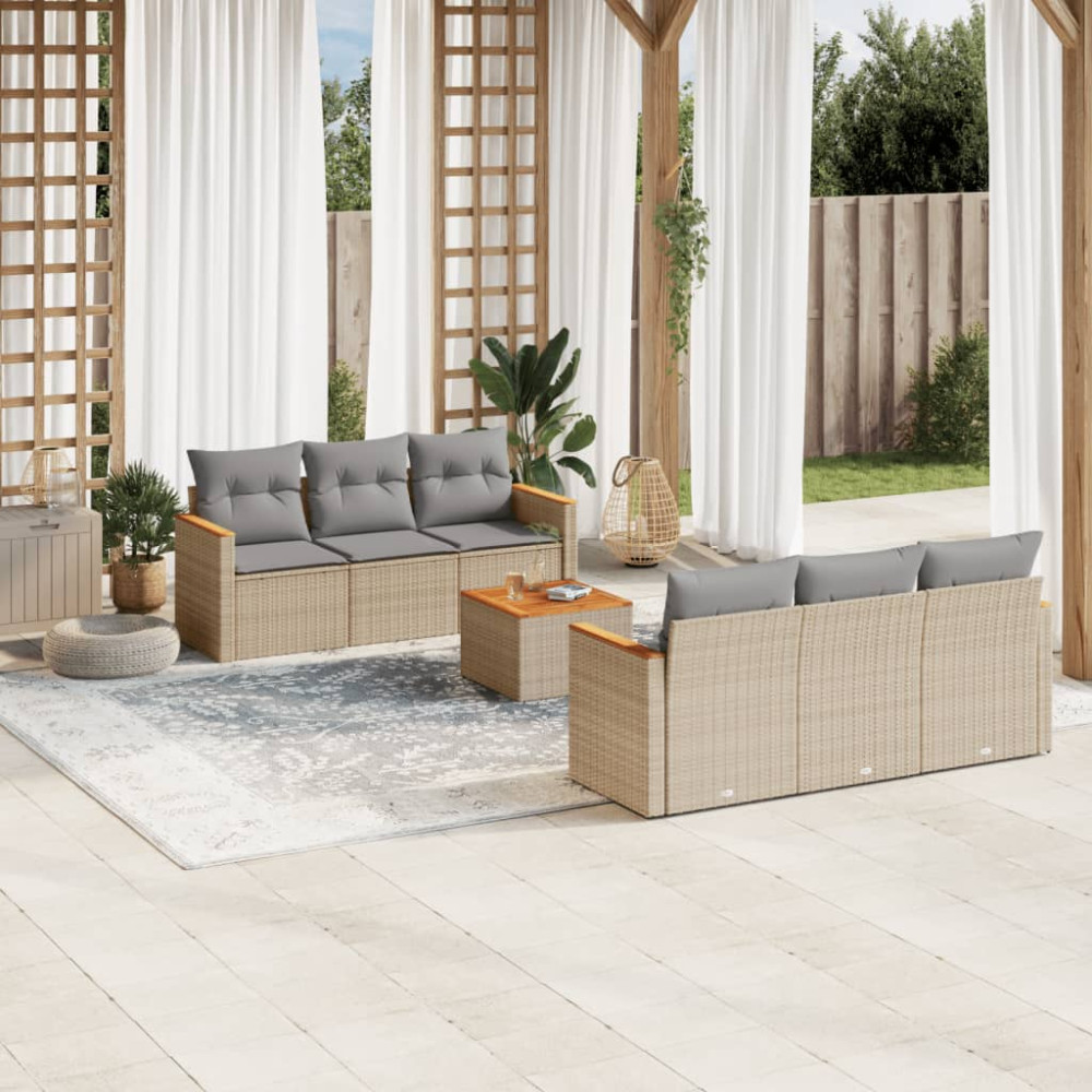 Produktbild för Matgrupp för trädgården med dynor 7 delar beige konstrotting