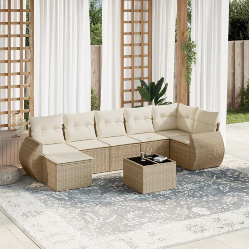 vidaXL Matgrupp för trädgården med dynor 8 delar beige konstrotting