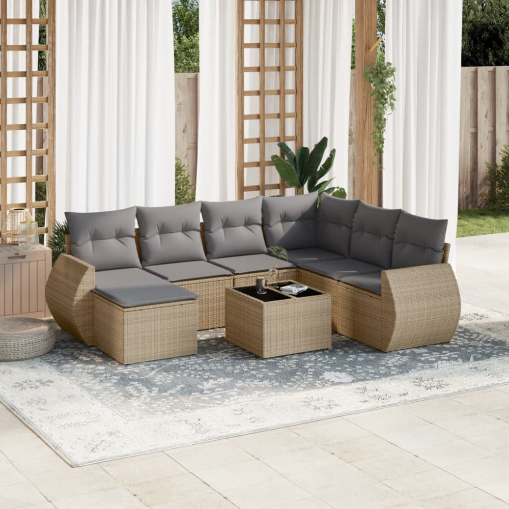 Produktbild för Matgrupp för trädgården med dynor 8 delar beige konstrotting
