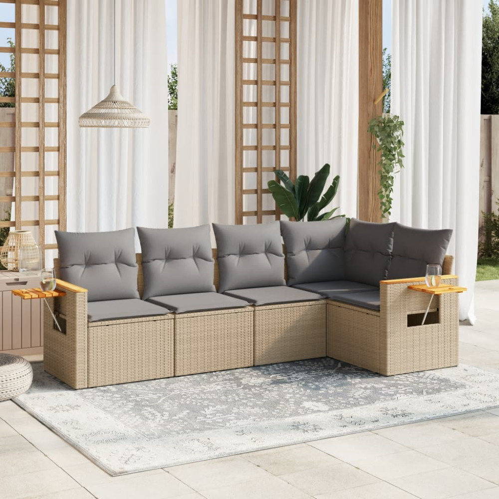 Produktbild för Soffgrupp för trädgården med dynor 5 delar beige konstrotting