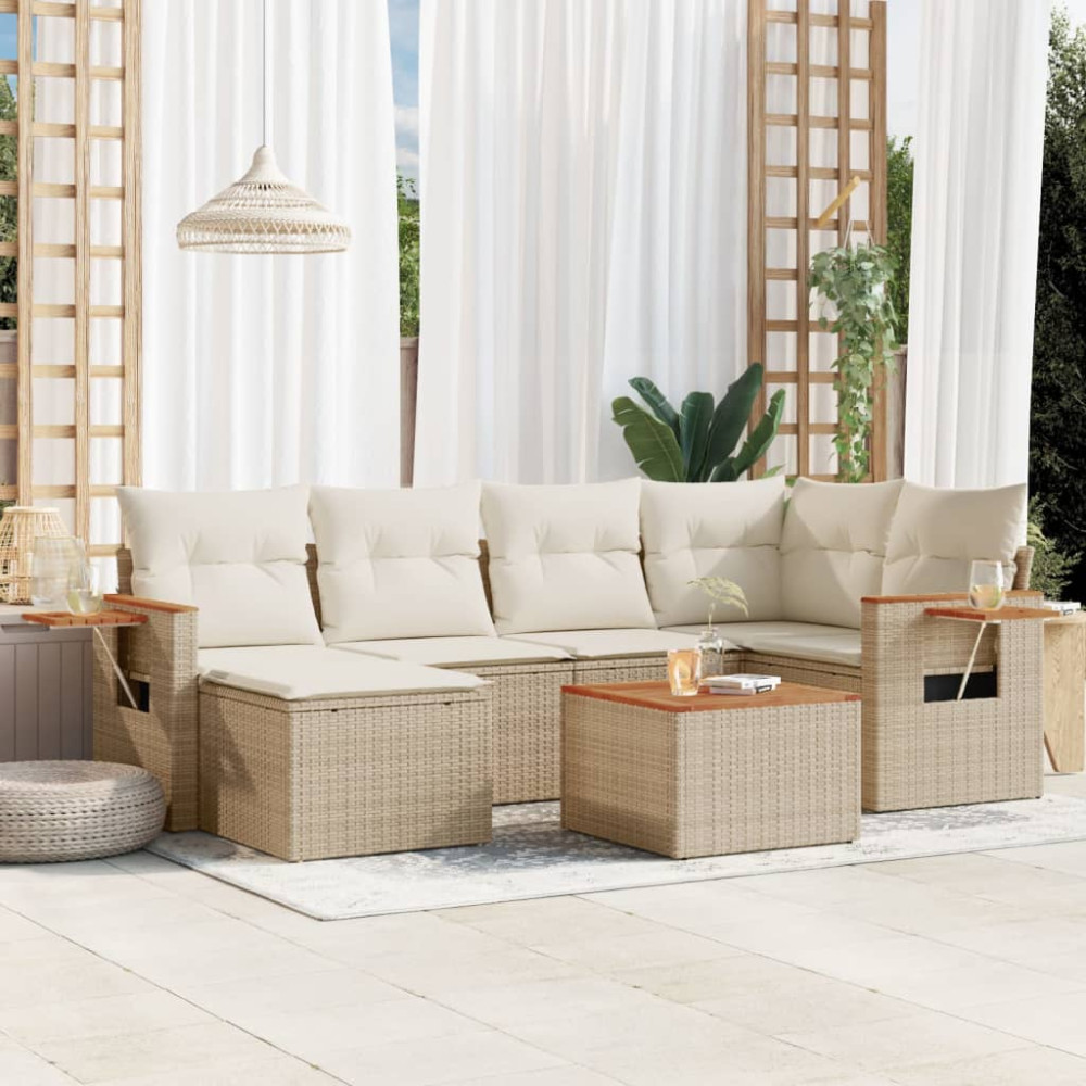 Produktbild för Matgrupp för trädgården med dynor 7 delar beige konstrotting