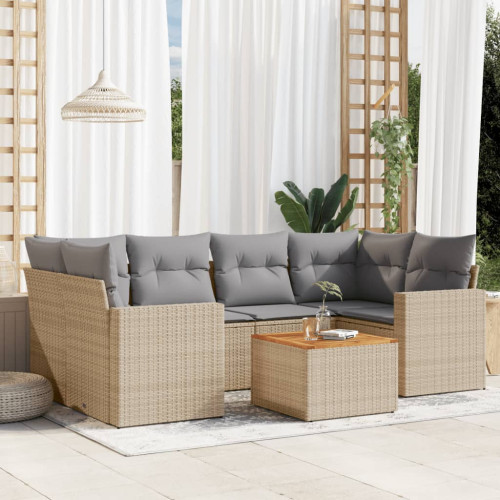 vidaXL Matgrupp för trädgården med dynor 7 delar beige konstrotting
