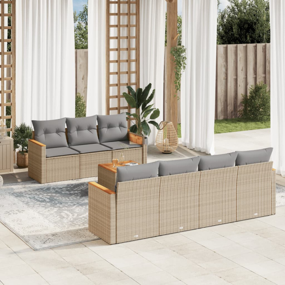Produktbild för Matgrupp för trädgården med dynor 8 delar beige konstrotting