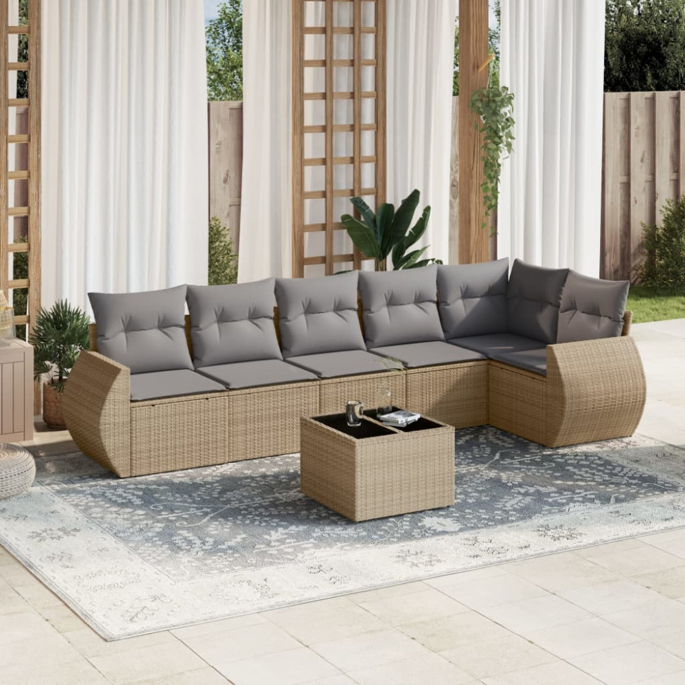 Produktbild för Matgrupp för trädgården med dynor 7 delar beige konstrotting