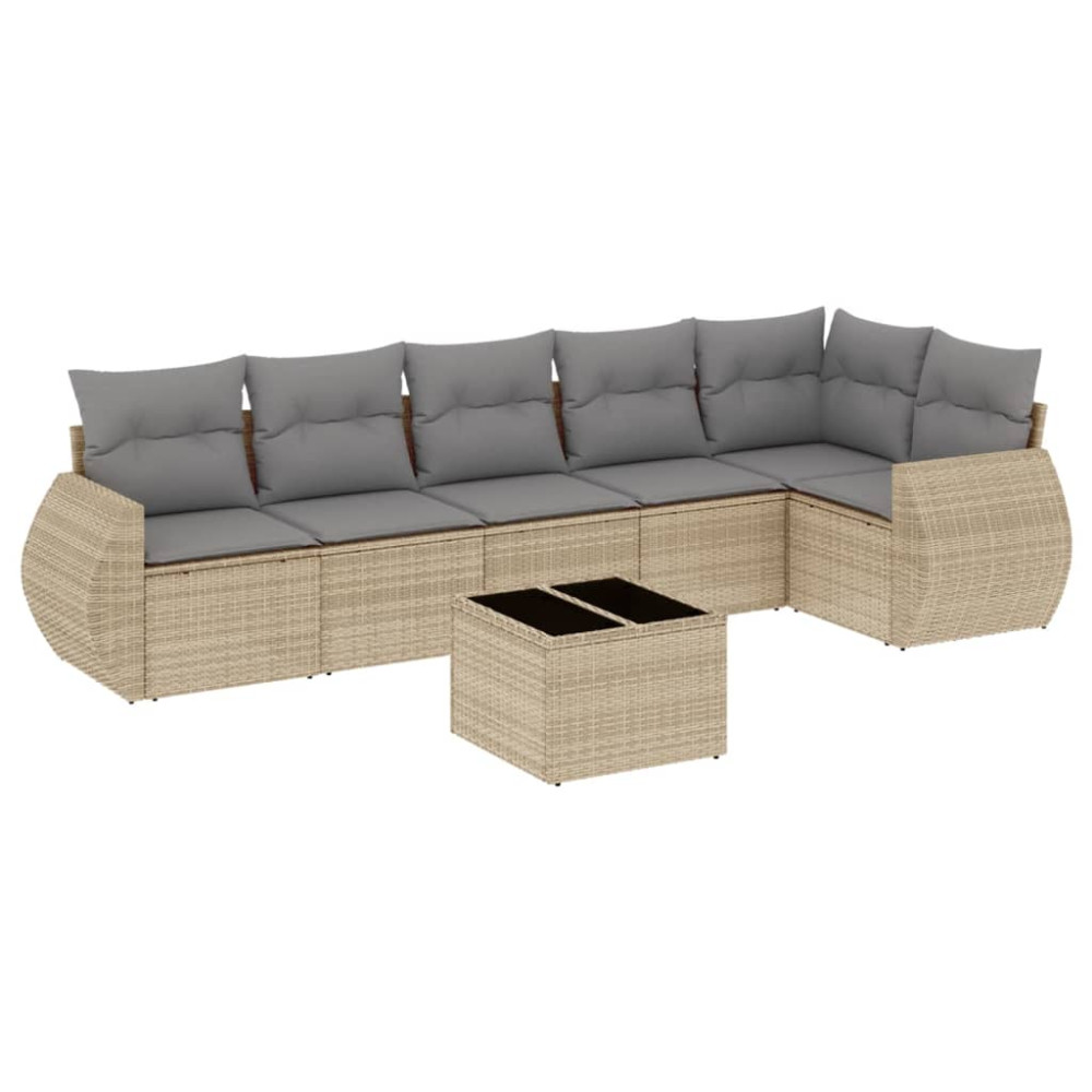 Produktbild för Matgrupp för trädgården med dynor 7 delar beige konstrotting