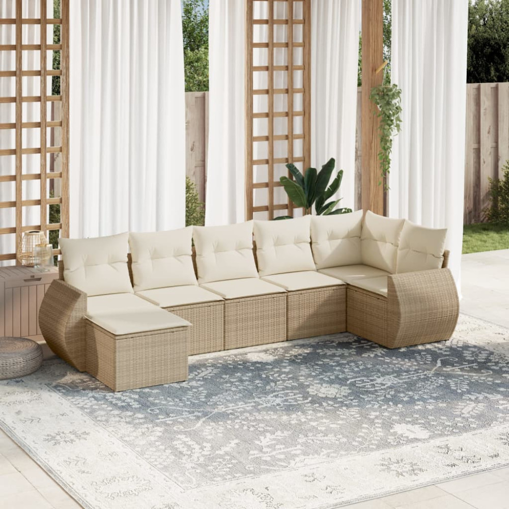 Produktbild för Matgrupp för trädgården med dynor 7 delar beige konstrotting