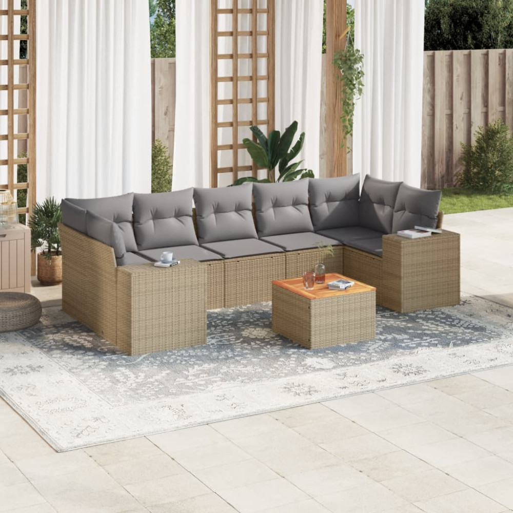 Produktbild för Matgrupp för trädgården med dynor 8 delar beige konstrotting