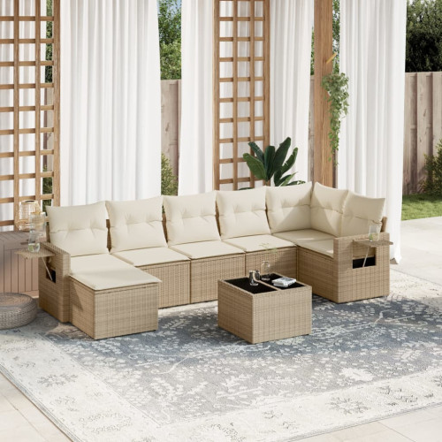 vidaXL Matgrupp för trädgården med dynor 8 delar beige konstrotting