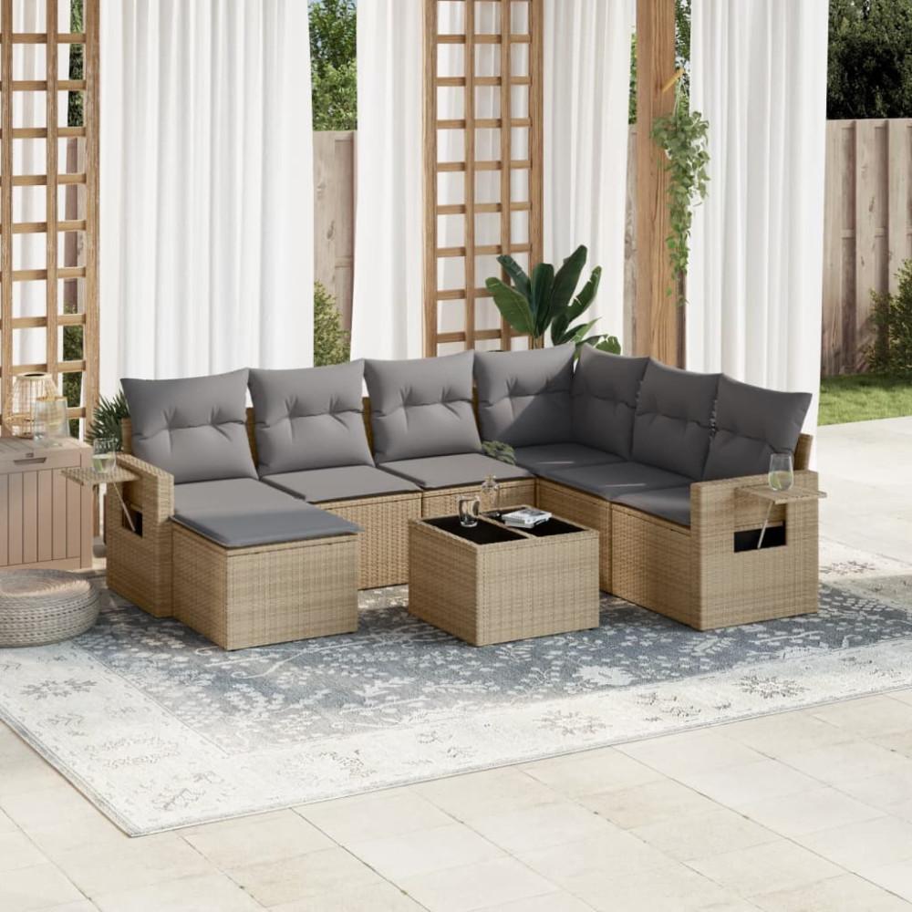 Produktbild för Matgrupp för trädgården med dynor 8 delar beige konstrotting