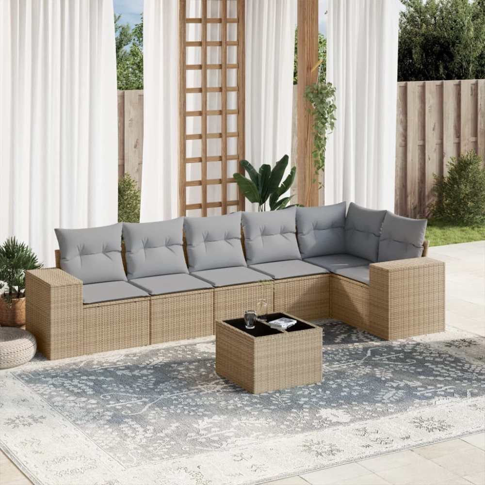 Produktbild för Matgrupp för trädgården med dynor 7 delar beige konstrotting