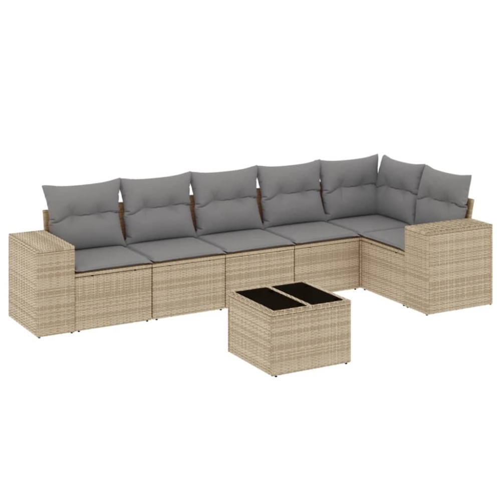 Produktbild för Matgrupp för trädgården med dynor 7 delar beige konstrotting
