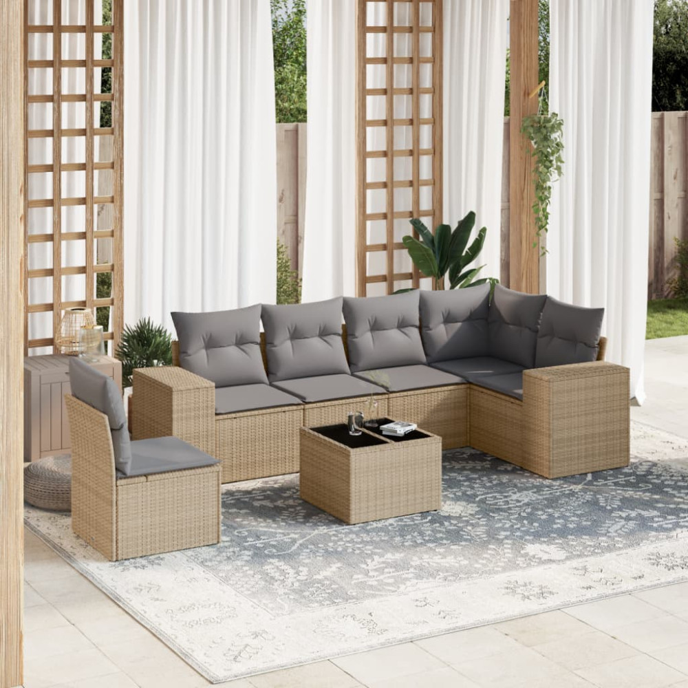 Produktbild för Matgrupp för trädgården med dynor 7 delar beige konstrotting