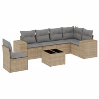 Produktbild för Matgrupp för trädgården med dynor 7 delar beige konstrotting