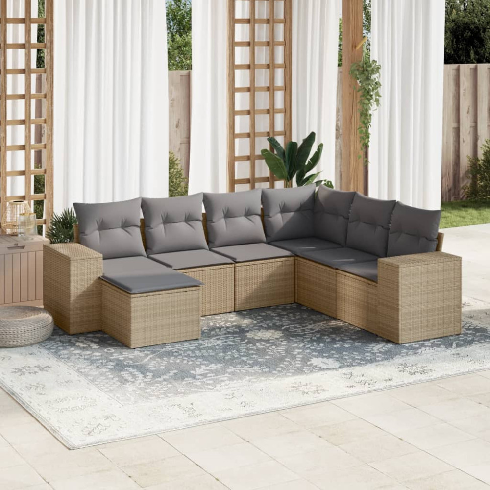 Produktbild för Matgrupp för trädgården med dynor 7 delar beige konstrotting