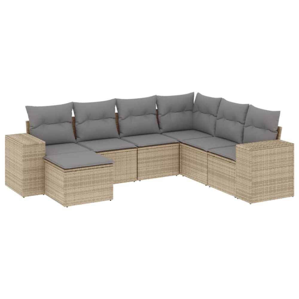 Produktbild för Matgrupp för trädgården med dynor 7 delar beige konstrotting