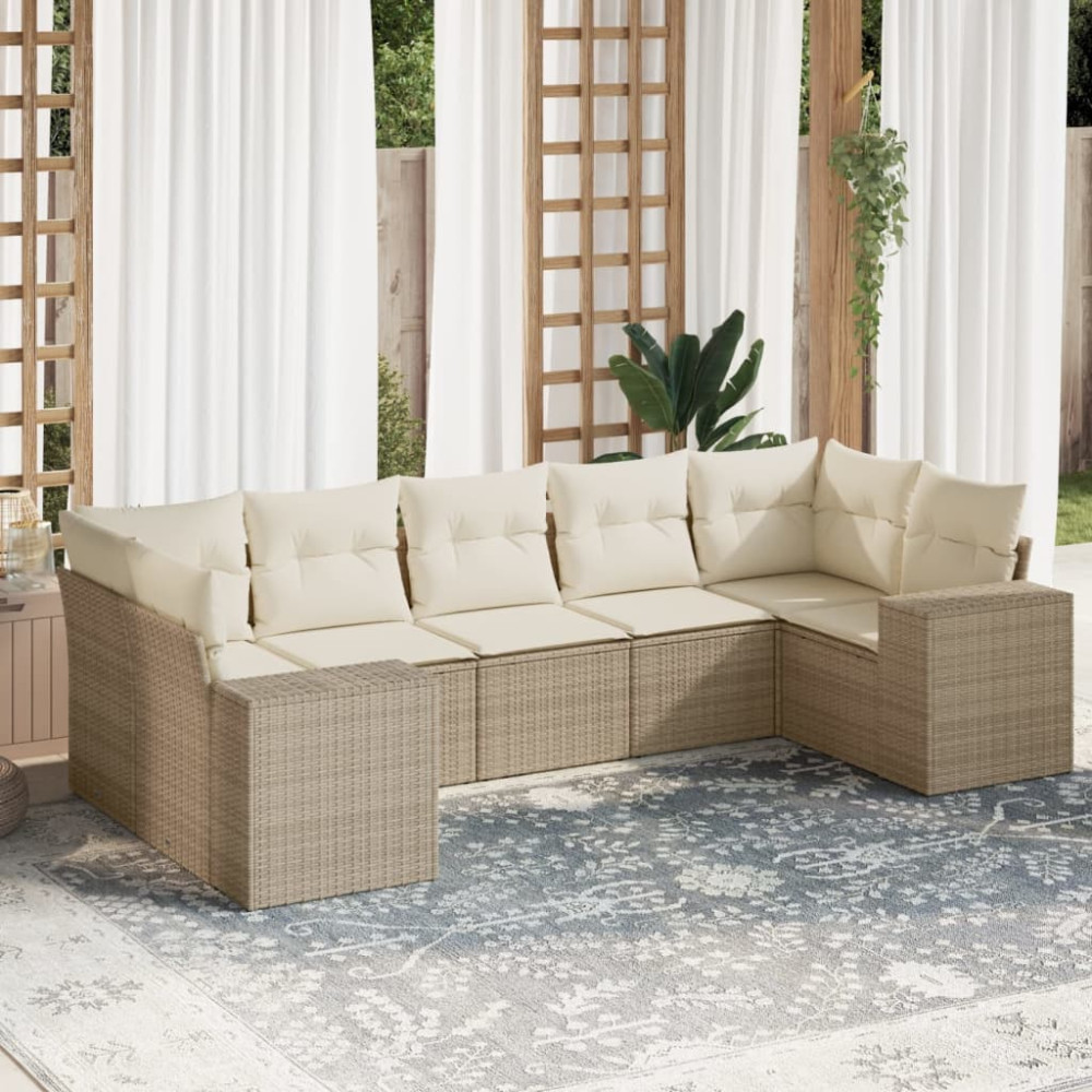 Produktbild för Matgrupp för trädgården med dynor 7 delar beige konstrotting