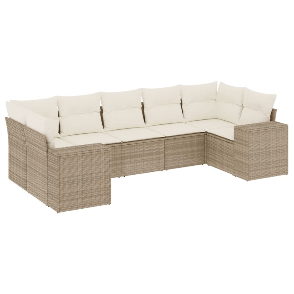 Produktbild för Matgrupp för trädgården med dynor 7 delar beige konstrotting