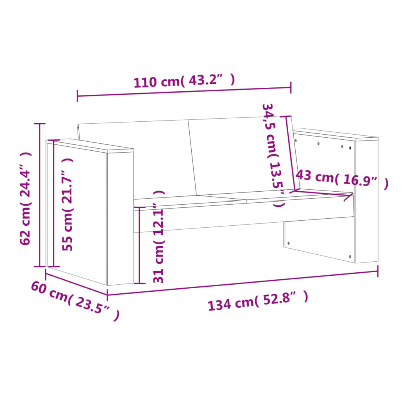 Produktbild för Trädgårdssoffa 2-sits 134x60x62 cm impregnerad furu